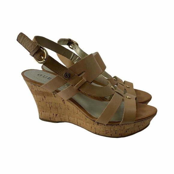 Guess Cork Wedge Heels Tan Open Toe 8.5 Leather - Picture 1 of 11